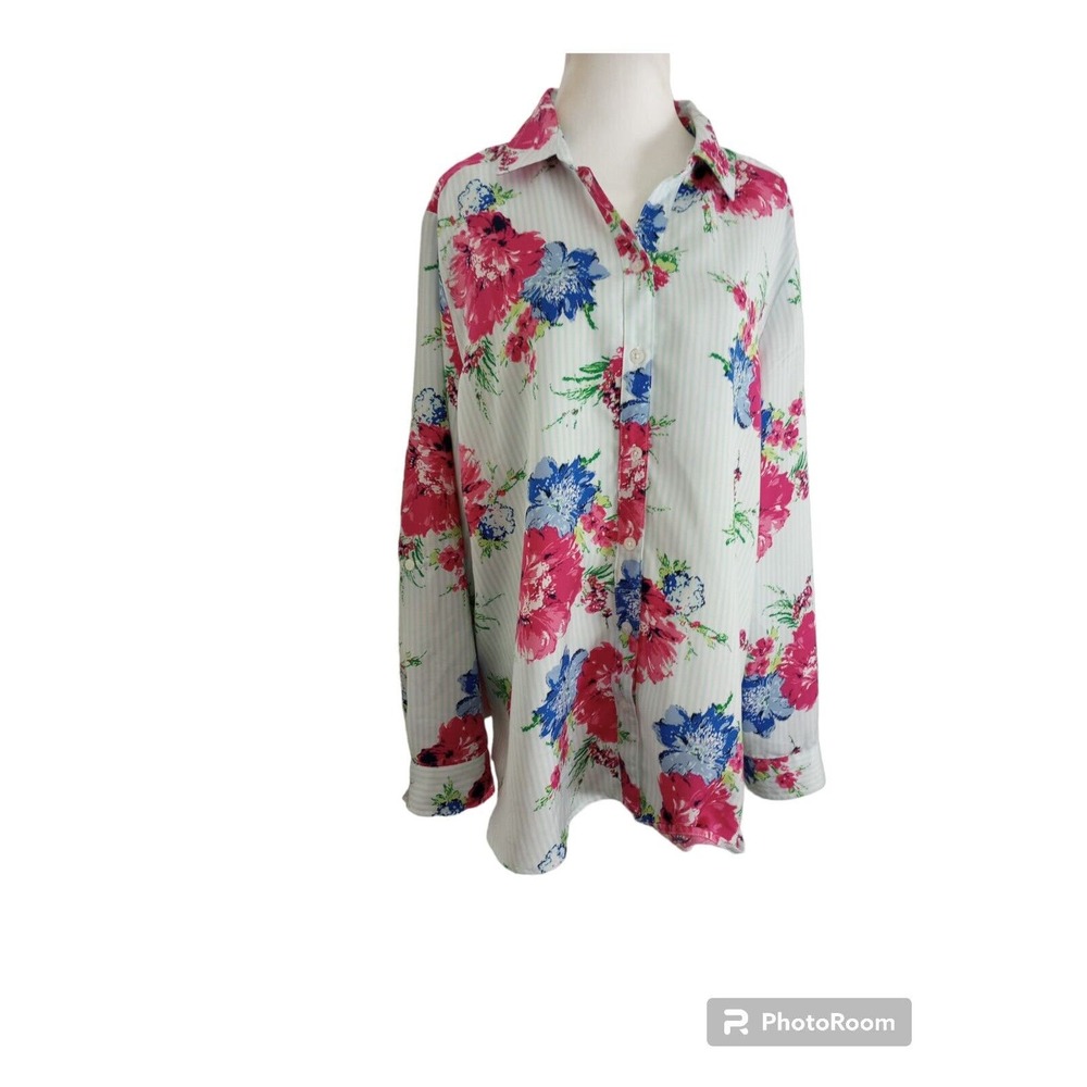 Chico's Stripe And Floral Shirt Button Down Romantic Tan Size 3 XL Flowy